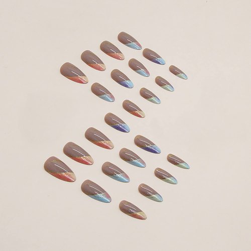 OCOUYVD Press on Nails Almond Colorful French Tip Fake Nails with Glitter Designs Dirty Pink Acrylic Nails French Full Cover Almond Shaped Glue on Nails Summer Stick on Nails for Women Girls