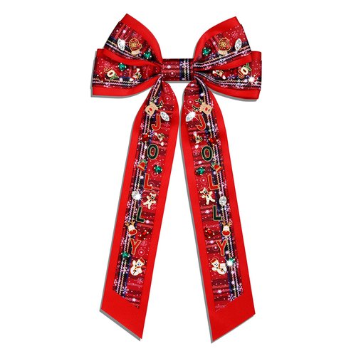 Boderier Christmas Hair Bows for Women Girls JOLLY Hair Bows Clip Crystal Jeweled Ribbon Bows Christmas Outfits Hair Accessories Party Favors Gifts JOLLY-Red Grid