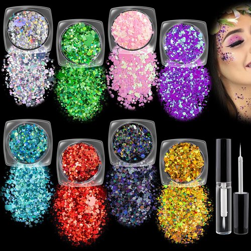 Holographic Chunky Glitter Silver Green Colors Series Cosmetic Body Hair Face Eye Nail for Festival Carnival Concert Beauty Rave Accessories Different Shapes + Quick Dry Primer Glue Gel