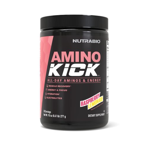 NutraBio Amino Kick - Amino Acid Energy Formula - BCAA's, Electrolytes for Hydration, Natural Caffeine 30 Servings (Raspberry Lemonade)