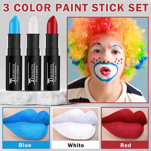 DAMUSI Blue Red White Face Paint Sticks Professional Eye Black Football Baseball Softball,Convenient Design Halloween Face Paint Makeup for Adults and Kids（Blue/White/Red Body Paint Sticks）