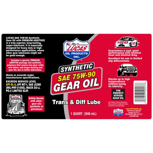 Stens Lucas Oil 10047 SAE 75W-90 Synthetic Gear Oil/Transmission and Differential Lube - 1 Quart