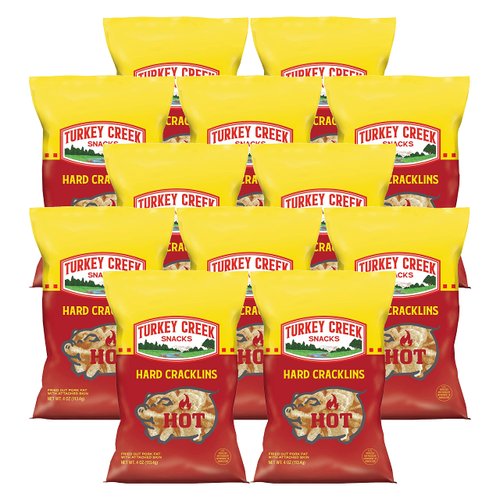 Turkey Creek - America’s Best Fried Pork Skins, offers a 12 bag case of its Hot Skinny Cracklins. These Crunchy