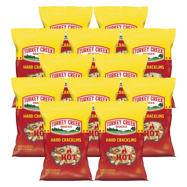 Turkey Creek - America’s Best Fried Pork Skins, offers a 12 bag case of its Hot Skinny Cracklins. These Crunchy