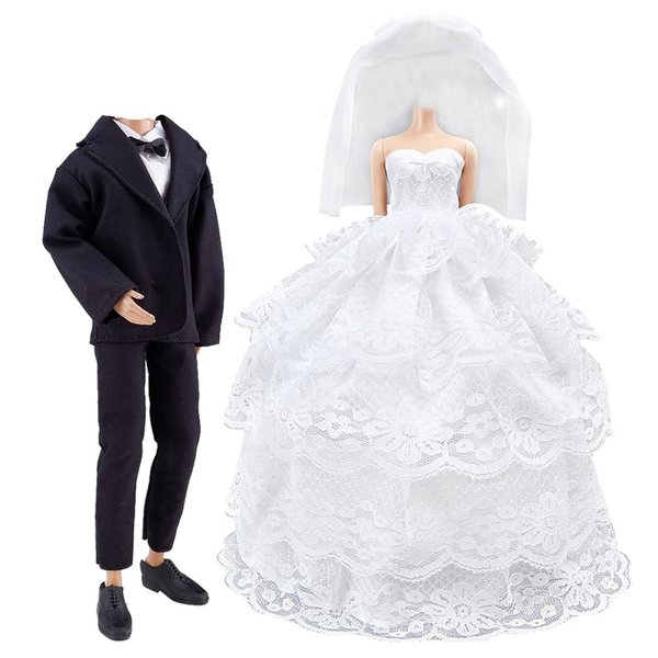 E-TING Wedding Set Beautiful Gown White Bride Dress Clothes with Veil and Groom Business Suit Outfit for Dolls（Doll Not Included）