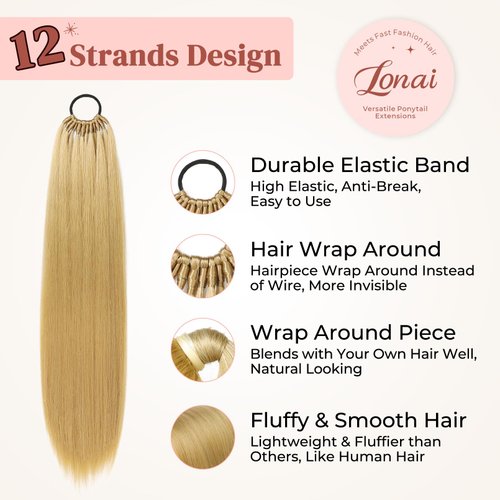 LONAI Ponytail Extensions, Versatile Elastic Band Blonde Ponytail Extension for Women, 28" Long Straight Soft Natural Synthetic Pony Tails-Dark Blonde