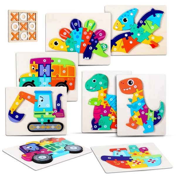 Dinosaur Toys for Kids Ages 3-5 | Bonus Tic Tac Toe | Montessori Toys | Puzzles for Toddlers 1-3 | Toddler Puzzles | Wooden Puzzles for Toddlers 1-3 | 4-Pack Wooden Toys -（Dinosaur Series 4 pcs）