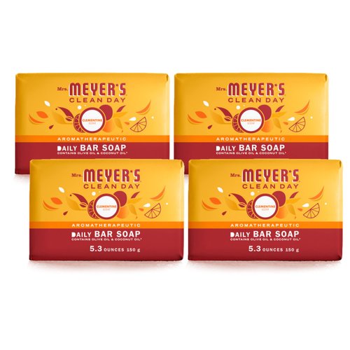 MRS. MEYER'S CLEAN DAY Bar Soap, Use as Body Wash or Hand Soap, Made with Essential Oils, Clementine​, 5.3 oz, 4 Bars