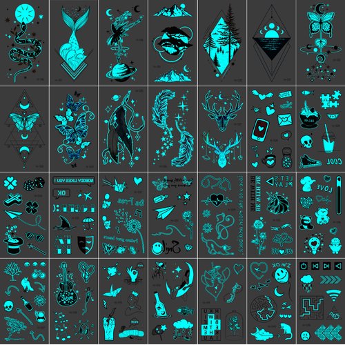 Kotbs 28 Sheets Kids Temporary Tattoos for Boys and Girls, Waterproof Luminous Snake Butterfly Feather Anime Cartoon Kids Tattoos Temporary, Glow in The Dark Tattoos for Kids Party Favor Supplies