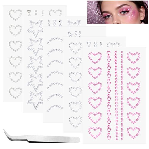 Face Gems Stick on, 5 Sheets Self Adhesive Face Rhinestones Glitter Heart Star Moon Shape Face Jewels for Women Hair Gems and Pearl Stickers for Face, Hair, Eye, Body, Makeup, DIY Crafts