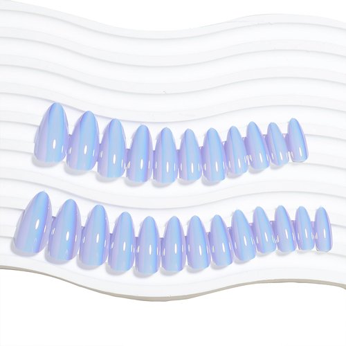 Mkwntg Blue Chrome Press on Nails Medium Almond Fake Nails Glossy Glue on Nails Blue Laser Coffin False Nails Stiletto Aurora Artificial Nails Bling Pearl Flash Acrylic Nails for Women Girls 24Pcs