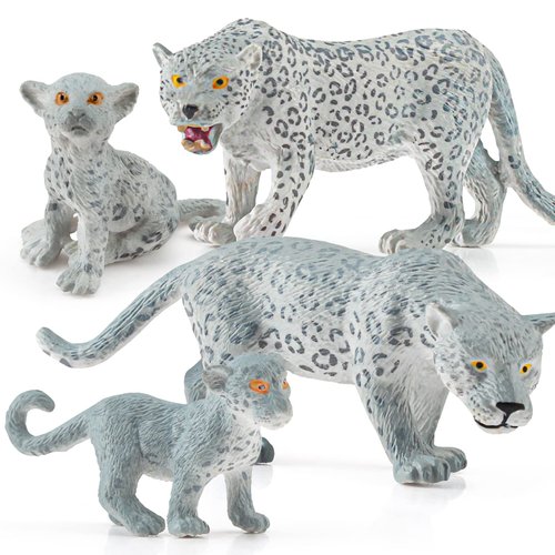 Wild Life Jungle Animal Model Figures Set 4 PCS Snow Leopard Family Forest Playset Birthday Party Favors Classrooms Gift Toys for Boys Girls Kids