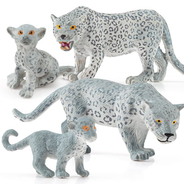 Wild Life Jungle Animal Model Figures Set 4 PCS Snow Leopard Family Forest Playset Birthday Party Favors Classrooms Gift Toys for Boys Girls Kids