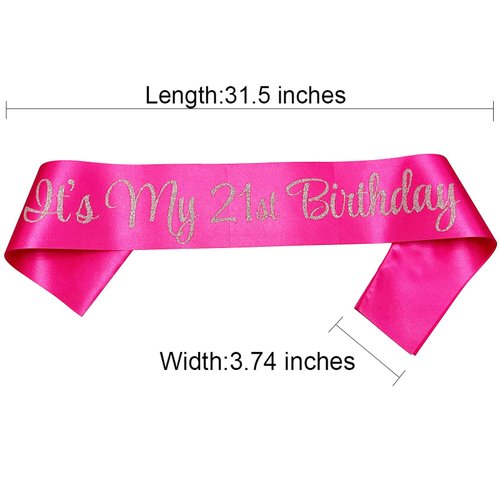 NAUXIUDSJS 21st Birthday Sash, Birthday Sash for Girls,Birthday Princess 21st Birthday Gifts Decorations for Happy 21st Birthday Party Favor Supplies,Hot Pink Silver