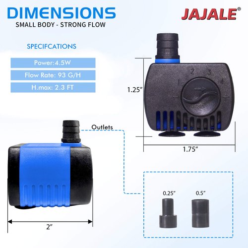 JAJALE 93 GPH Submersible Water Pump Ultra Quiet for Pond,Aquarium,Fish Tank,Fountain,Hydroponics