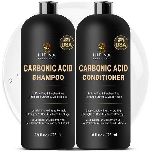 Carbonic Acid Shampoo for Men and Women - Natural Hair Growth Shampoo and Conditioner Set - Sulfate Free Hair Repair Treatment for Damaged Hair - Made in USA, 16 fl oz Each