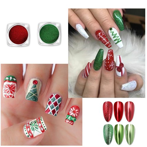 2 Boxes Christmas Red Green Chrome Nail Powder, Mirror Effect Aurora Magic Pearlescent Nail Jewelry Glitter Powder Holographic Pigment Mermaid Pearl Aurora Dust Nail Powder, DIY Nail Art Decorations