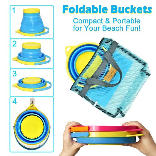 Aclarastra Collapsible Beach Sand Toys for Kids - Travel Beach Toys with 2 Collapsible Beach Buckets, Mesh Bags, Sand Molds, Sand Scoops, Sand Bucket Shovel Set Sandbox Toys for Toddler Kid Ages 3-10