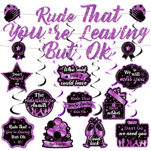 Rude That You're Leaving But OK Banner Decorations Purple Black Going Away Banner Hanging Swirls Decorations for Office Goodbye Farewell Coworker Leaving Job Retirement Party Supplies