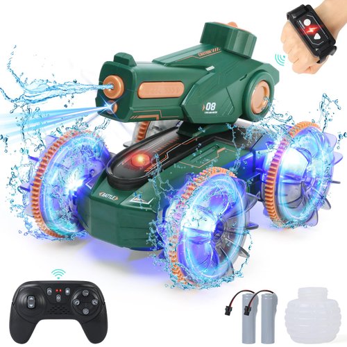 IQBOX Toys for Kids 6-12 Remote Control Car Boat Gifts for Boys 5-7 8 9 10 11 Year Old Amphibious RC Gesture Stunt Water Squirt Tank with Lights & Self-Dispensing Cool Outdoor Summer Beach Pool Toy