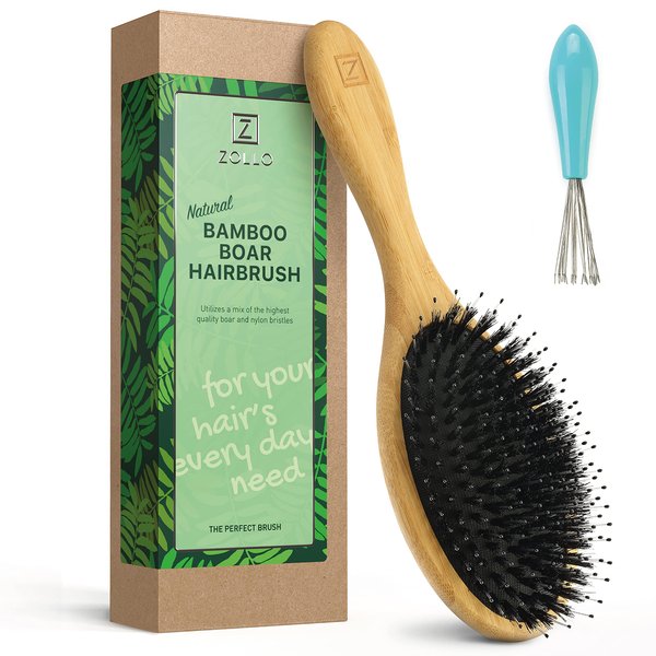 Natural Boar Bristle Hair Brush for Women, Men, Kids; Dry and Wet Detangling Hair Brush Gently Enhances Shine, Smooths Frizz and Prevents Breakage in Fine and Straight, Thick and Curly Hair (oval)