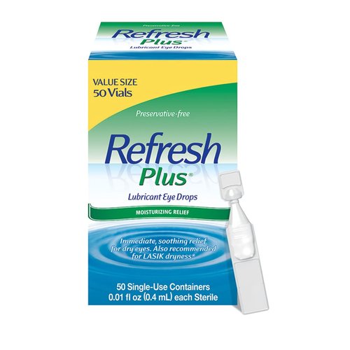 Refresh Plus Lubricant Eye Drops, Preservative-Free, 0.01 Fl Oz Single-Use Containers, 50 Count, Packaging May Vary