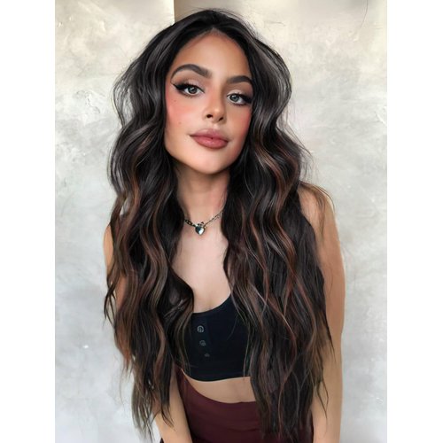 AISI BEAUTY Long Black mix Brown Wigs for Women 26 Inch Middle Part Curly Wavy Wig Natural Looking Synthetic Heat Resistant Fiber Wig for Daily Party Use(Black mix Brown)