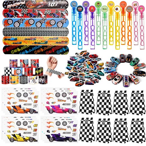 Vanblue 110Pcs Race Car Party Favors Race Car Birthday Party Decorations Straw Bubble Slap Bracelet DIY Sticker Toy Gift Boy Kid Treat Candy Bags Stuffers Themed birthday Supplies Classroom Reward