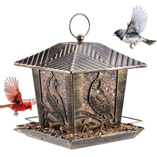 Birdream Bird Feeder for Outside Metal Wild Bird Feeder with 3 lbs Capacity Cardinals Pattern Vintage Gold Weatherproof Feeder for Outdoor Hanging