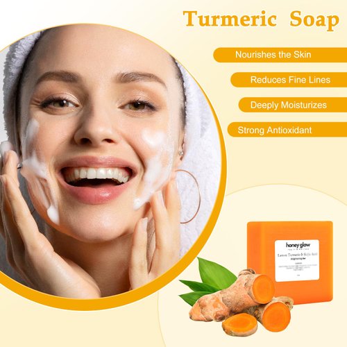Nicgou Honey Glow Lemon Turmeric Kojic Soap Bar, Turmeric Soap Bar for Face ＆ Body，Natural Turmeric Handmade Soap for All Skin Types（2pcs
