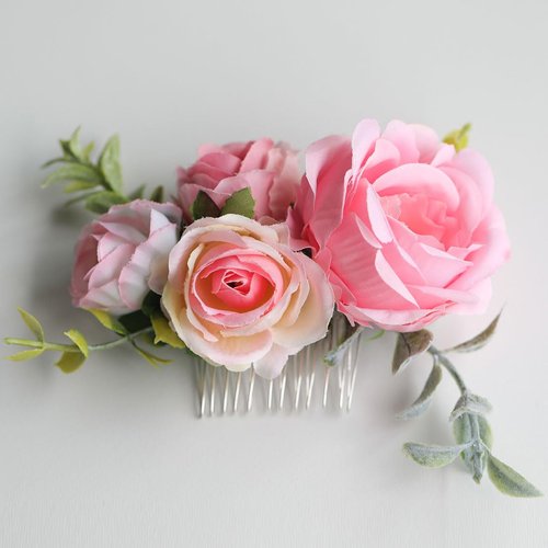 Fangsen Wedding Boho Pink Rose Buds Flower Hair Clips Floral Comb With Hair Piece and Hair Vines ...