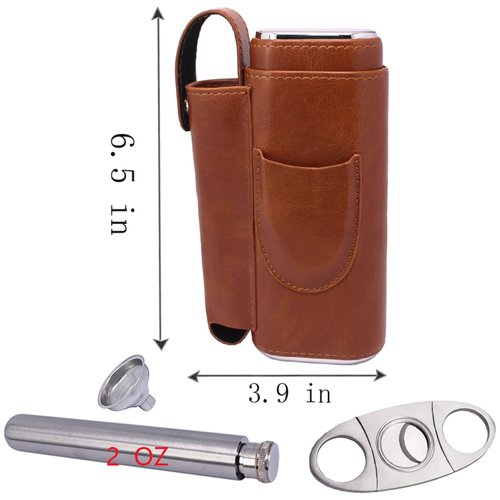 AMANCY Portable Cigar Case Flask Gift Set - 2 Finger Cigar Case with 2 Oz Stainless Steel Flask and Cutter