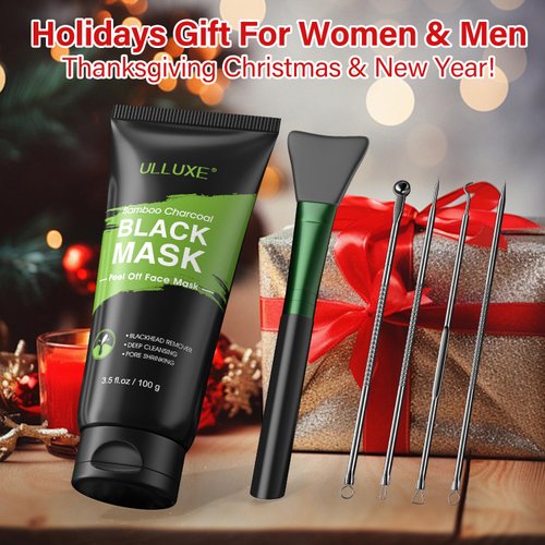ulluxe Blackhead Remover Mask, Black Charcoal Peel Off Face Mask, Deep Cleansing Mask for Face Nose Black Head Acne Pores, Purifying Facial Mask with Pimple Extractor and Face Mask Brush (3.5 fl.oz)