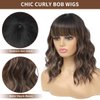 meiliprotea Short Wavy Bob Wig with Bangs Wear and Go Highlight Brown Short Bob Wigs 14 Inch Chestnut Curly Bob Wig Heat Resistant Synthetic Wigs for Women Daily Party Cosplay Wig (HL Brown)