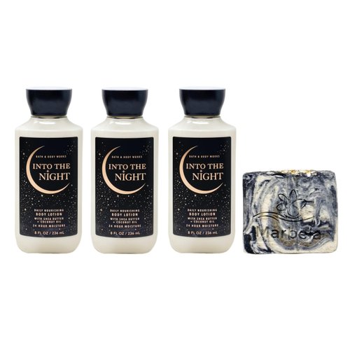 Bath & Body Works Into The Night 3 Piece Daily Nourishing Body Lotion Bundle with a Charcoal Scrub Bar Soap - Full Size