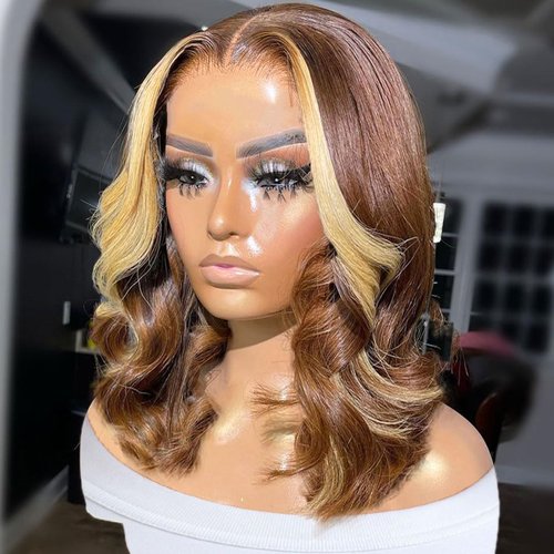 Brown With Blonde Highlight Bob Wig Human Hair Body Wave Lace Front Wigs Human Hair 13x4 HD 180% Density Glueless Bob Wig Human Hair Pre Plucked Short Bob Wigs for Black Women Lace Frontal Wig 14 Inch