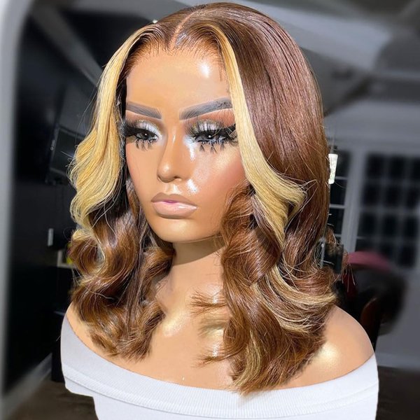 Brown With Blonde Highlight Bob Wig Human Hair Body Wave Lace Front Wigs Human Hair 13x4 HD 180% Density Glueless Bob Wig Human Hair Pre Plucked Short Bob Wigs for Black Women Lace Frontal Wig 14 Inch