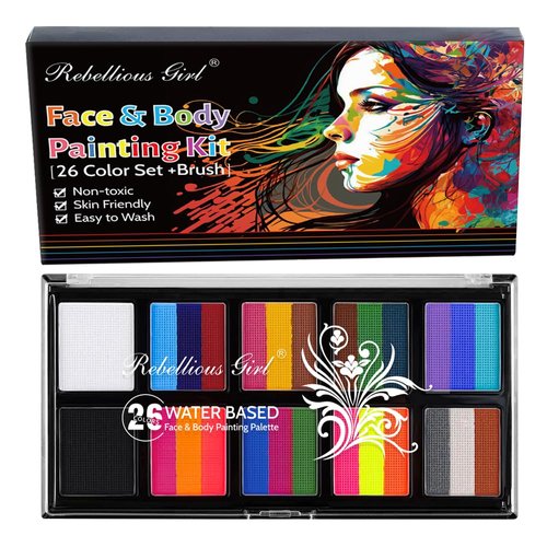 Rainbow Face Body Paint -8 Three-color Stripes Face Pain with Black and White Big Pan Face Paintting Kit, Water Base Non-toxic Face Paint Makeup Kit for Halloween, Easter, Christmas,Cosplay, SFX