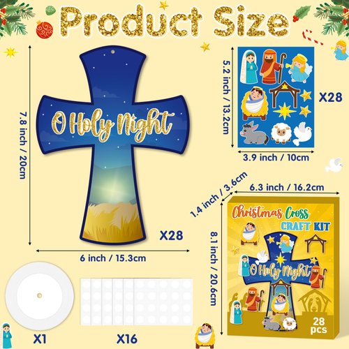 WATINC Christmas Nativity Scene Cross Craft Kit - 28Pcs Make Your Own O Holy Night Christian Cross Hanging Ornament, DIY Jesus Birth Faith Religious Party Decor for Kids Classroom Sunday School Church