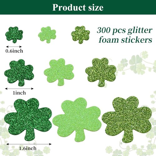 Avikosi 300 Pieces Green Glitter Shamrock Foam Stickers for St Patrick's Day - Lucky Clover Foam Stickers for Kids, St. Patricks Day Irish Party Decoration Craft Supply Self Adhesive Seals