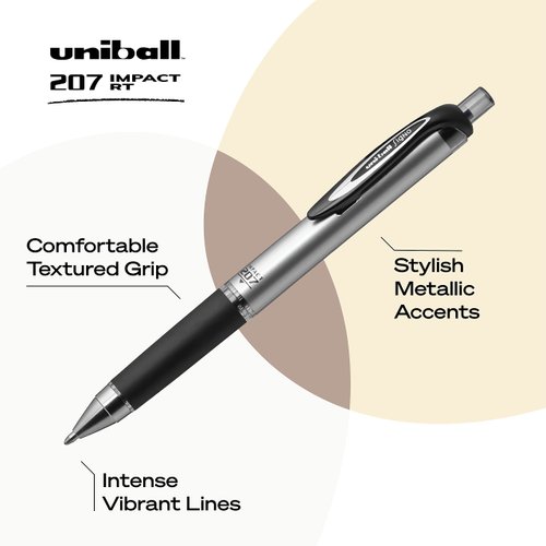 Uniball Signo 207 Impact RT Retractable Gel Pen, 12 Black Pens, 1.0mm Bold Point Gel Pens| Office Supplies by Uni-ball like Ink Pens, Colored Pens, Fine Point, Smooth Writing Pens, Ballpoint Pens