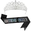 KatchOn, Holographic Happy Birthday Sash and Tiara - Silver Rhinestone Tiara Set | Birthday Crown and Sash for Women | Glitter Crystal Hair Accessory for Queen's Birthday | Women Birthday Decoration