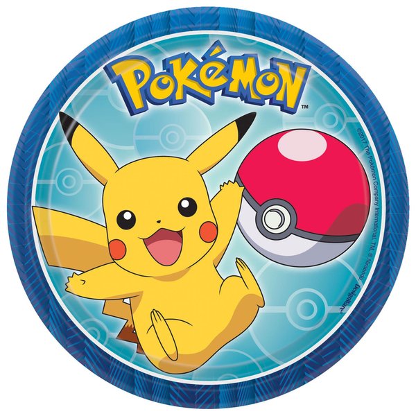 Amscan Pokemon Bithday Party Supplies Bundle includes 24 Dessert Cake Paper Plates and 1 Dinosaur Sticker Sheet