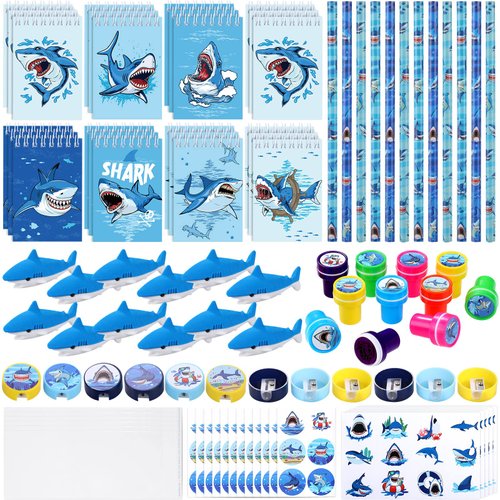 85 Sets Shark Party Favors Shark Stationery Set Classroom Reward Gifts Prizes Ocean Sea Favors Under The Sea Party Favors Shark Party Supplies Notepads Pencils Stampers Sharpener Stickers Erasers