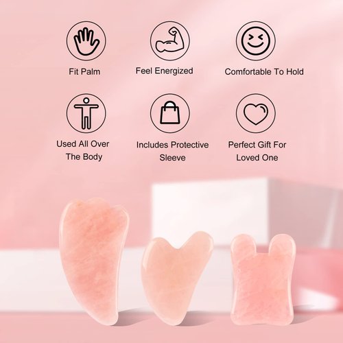 Gua Sha Facial Tools Set of 3 Guasha Massage Tool Rose Quartz Gua Sha Scraping Tool for Face,Neck, Eyes and Body,Jade Stone Guasha Board Pack of 3 (Pink)
