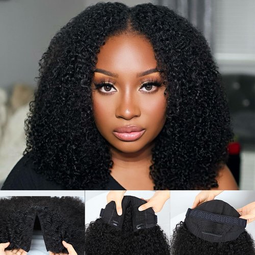 Domiso New Super V Part Human Hair Wig Afro Kinky Curly V Part Wig No Glue No Sew Clip in Half Wig Pre-Minimum Leave Out Elastic Band and Removable Clips fo Secure 200% Density Beginner Wig 18 Inch