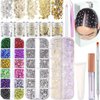 Hair Face Gems Rhinestones with Makeup Glue, Flat Back Colorful Jewels Crystal Half Round Pearl Gold Holographic Glitters Sequins Kit, Wax Pencil Tweezer and Brush for Face Eye Hair Body Makeup
