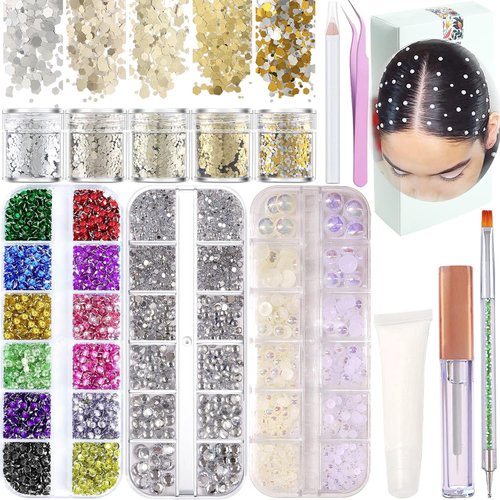 Hair Face Gems Rhinestones with Makeup Glue, Flat Back Colorful Jewels Crystal Half Round Pearl Gold Holographic Glitters Sequins Kit, Wax Pencil Tweezer and Brush for Face Eye Hair Body Makeup