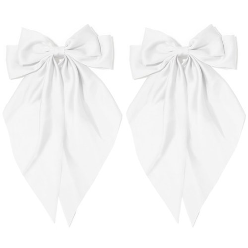 2Pcs Silky Satin Hair Bows White Big Hair Bow for Women with Long Tail Coquette Hair Ribbon Hair Clip Aesthetic Hair Accessories