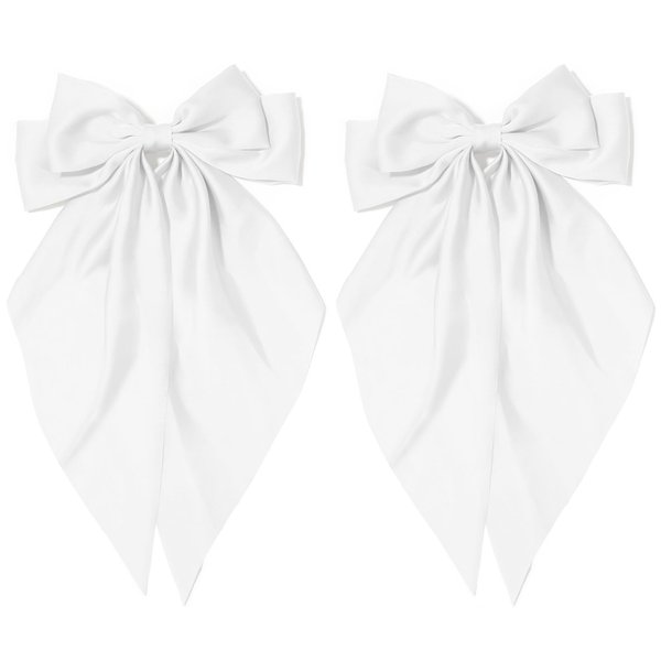 2Pcs Silky Satin Hair Bows White Big Hair Bow for Women with Long Tail Coquette Hair Ribbon Hair Clip Aesthetic Hair Accessories